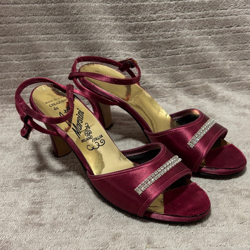 Vintage Burgundy Satin Ankle Strap Dance Heels